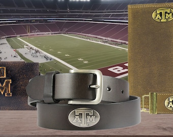 NCAA Texas A&M Aggies Men's Leather Concho Belt - Brown Genuine Oil-Tanned, Tapered Tip, Size 42