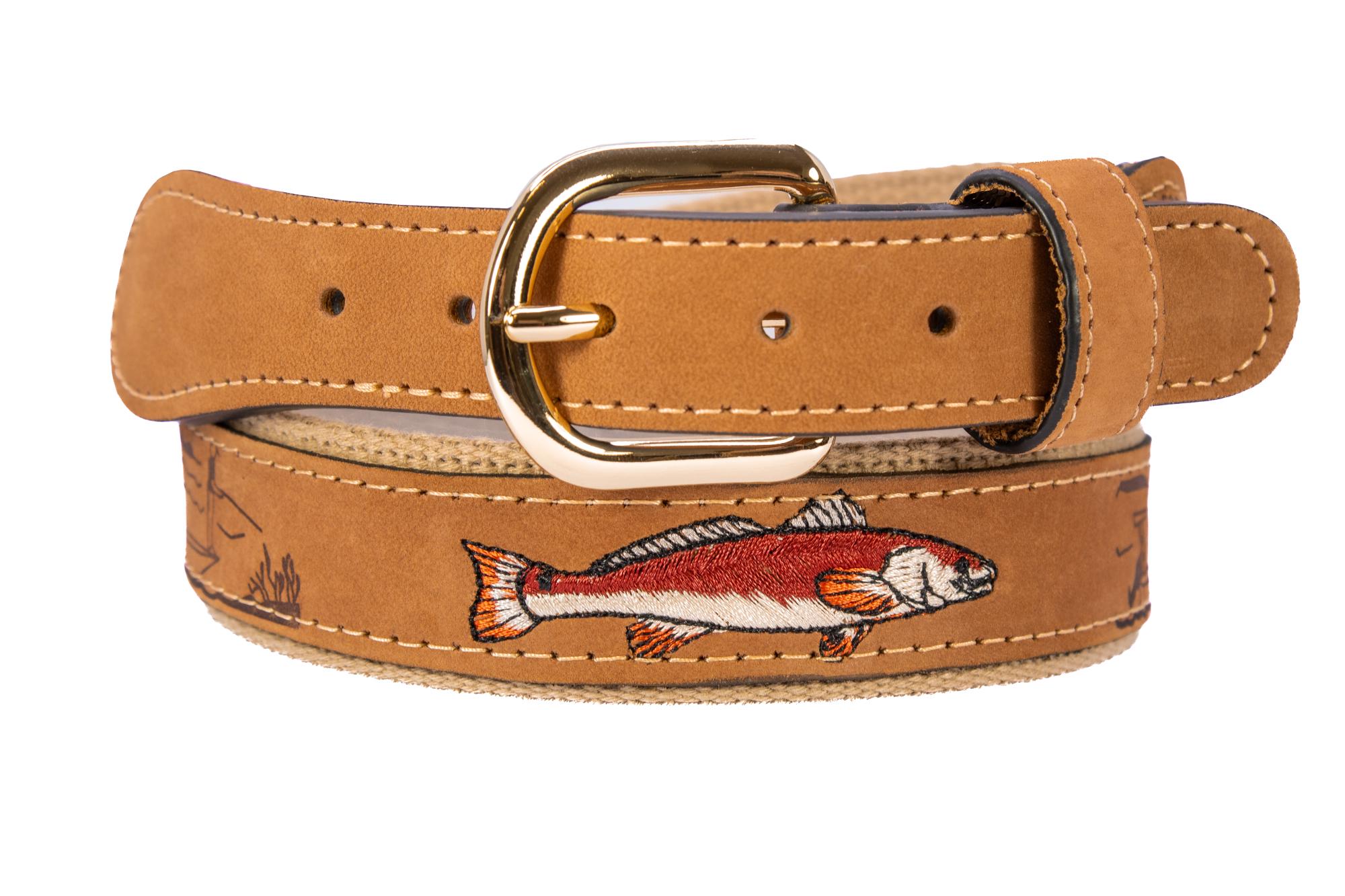Redfish Embroidered Nubuck Leather Belt. Tan Full Grain Leather Tabs, Solid Brass Buckle and Cotton Webbing.