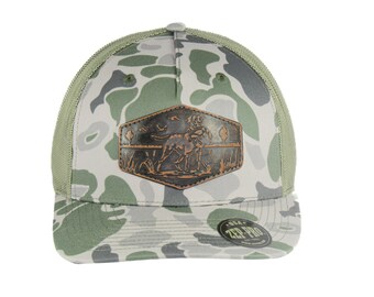 Dog Old School Camo Trucker Hat. Hand Burnished Full Grain Leather