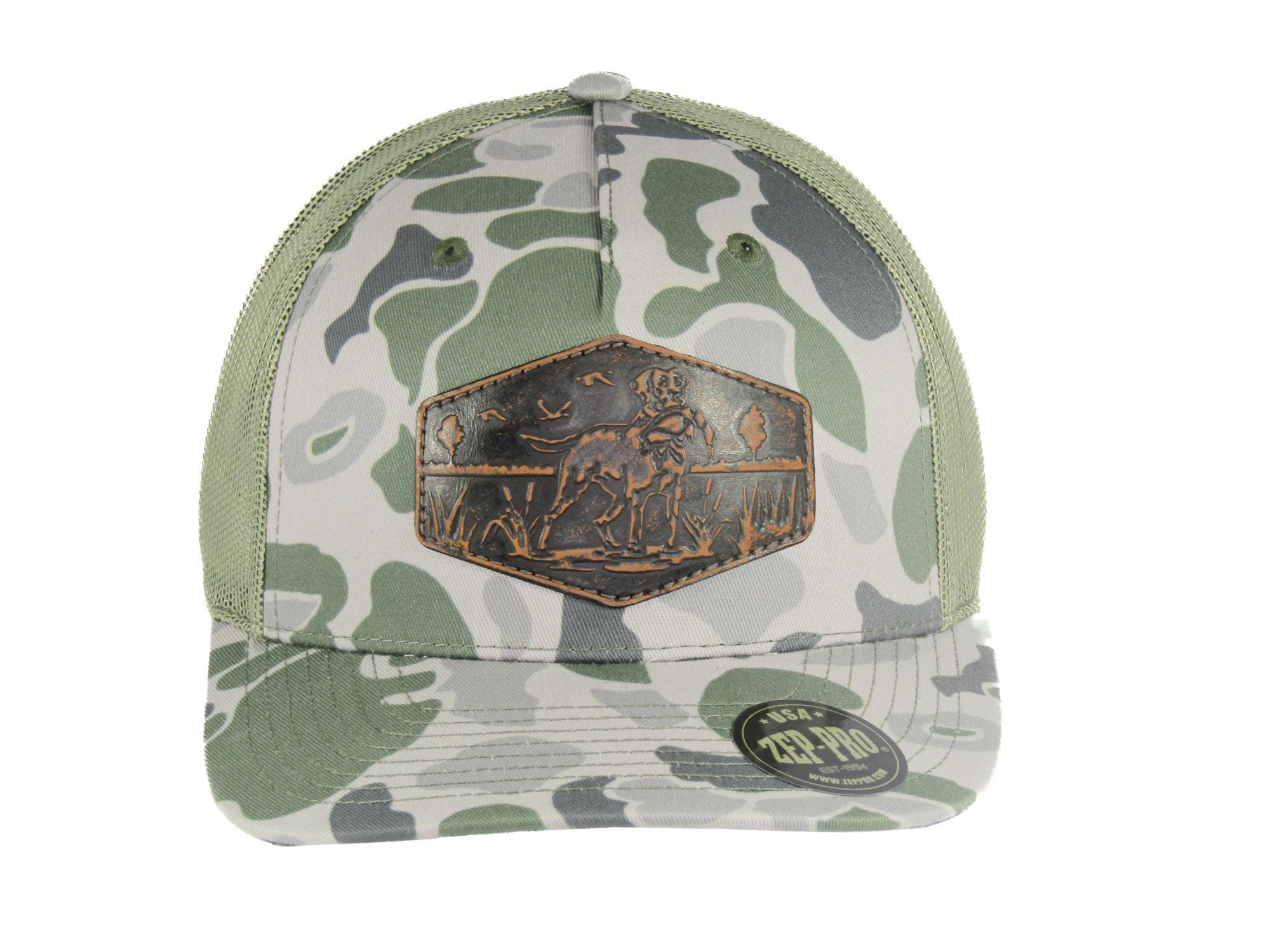 Dog Old School Camo Trucker Hat. Hand Burnished Full Grain Leather