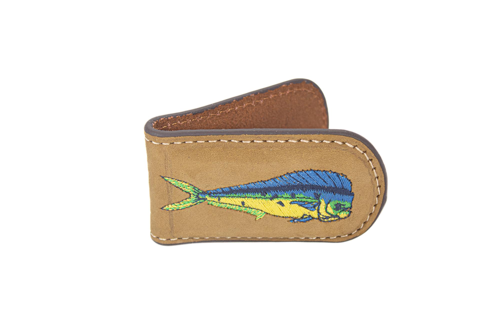 Embroidered Fish Leather Money Clip. Magnetic Clip. Brown