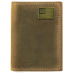 Cartera de cuero de tres pliegues para hombre con la bandera de EE. UU., cuero de grano completo vintage color canela con logotipo de latón antiguo