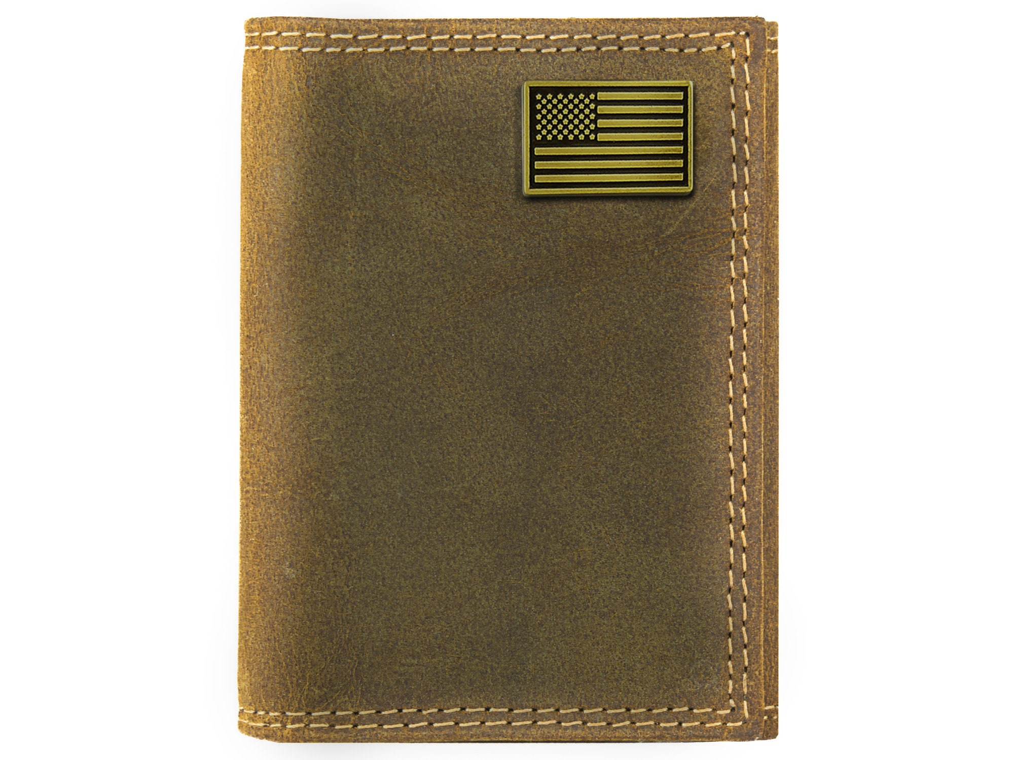 USA Flag Men's Trifold Leather Wallet. Vintage Tan Full Grain