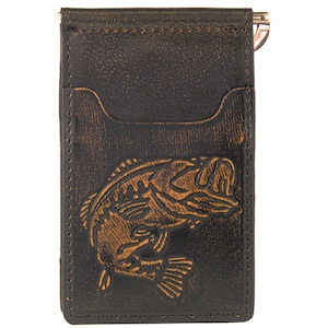 Cartera de cuero con clip de bolsillo frontal para hombre Bass. Acabado de plena flor marrón bruñido con logotipo grabado