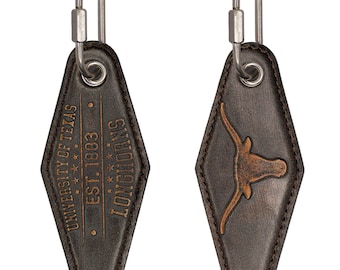 Texas Longhorns Collegiate Full Grain Leather Key Fob. Brown Burnished and Tan Embossed Key Ring. Vintage Rhombus Shape Screw-in Closure.