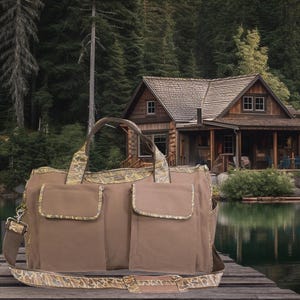 Shot Shell old school camo canvas weekender bag brown tan cabin