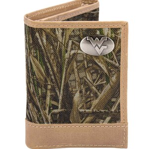 May include: Camouflage-patterned bi-fold wallet with a tan border and accents. The wallet features a silver emblem and is designed with a nature-inspired print. The wallet is a tri-fold design.