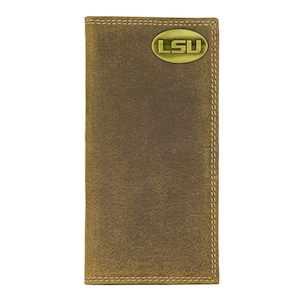 Cartera de cuero Collegiate Secretary para hombre de LSU Tigers. Cuero de plena flor color canela vintage con logotipo de latón antiguo