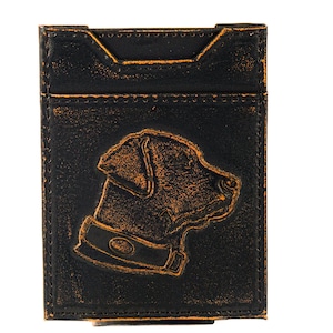 Cartera de cuero con bolsillo frontal magnético para hombre de Lab. Acabado marrón bruñido de grano completo con logotipo grande grabado en relieve