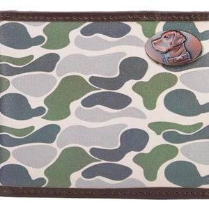 Cartera de cuero con diseño de camuflaje Old School plegable para hombre de Lab. Cuero de grano completo con logotipo de cobre antiguo