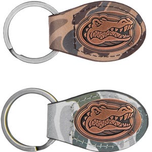 May include: Two keyrings with a camouflage pattern leather strap and a metal ring. Each keyring features a bronze-coloured oval emblem with a detailed alligator design. One keyring has a brown and tan camouflage pattern, the other a grey and white camouflage pattern.