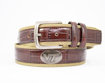 Virginia Tech Hokies Khaki Webbed Gürtel mit Krokoleder Inlay | Collegiate Game Day Gürtel