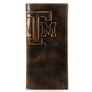 Cartera de cuero para secretario universitario de Texas A&M Aggies para hombre. Acabado marrón bruñido de grano completo con logotipo grande grabado en relieve