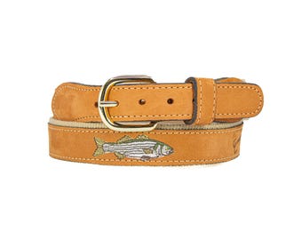 Striped Bass Embroidered Nubuck Leather Belt. Tan Full Grain Leather Tabs, Solid Brass Buckle and Cotton Webbing.