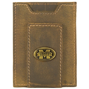 Cartera de cuero con bolsillo frontal magnético para hombre de Mississippi State Bulldogs. Cuero de grano completo color canela vintage con logotipo de latón antiguo