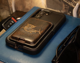 Marlin Magnetic Phone Card Holder – Brown Burnished Leather or Old School Camo