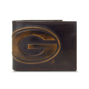 Cartera de cuero plegable universitaria de Georgia Bulldogs para hombre. Acabado marrón bruñido de grano completo con logotipo grande grabado en relieve