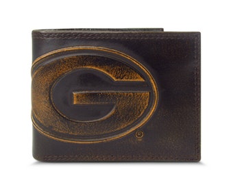 Georgia Bulldogs Men's Collegiate Bifold Leather Wallet. Brown Burnished Full Grain Finish With Large Debossed Logo