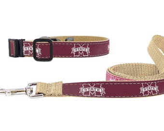 Mississippi State Bulldogs Collegiate Woven Ribbon Dog Collar. Pet Lead. Adjustable Nylon Webbing. Snap Buckle and D-ring. Swivel Bolt Snap.