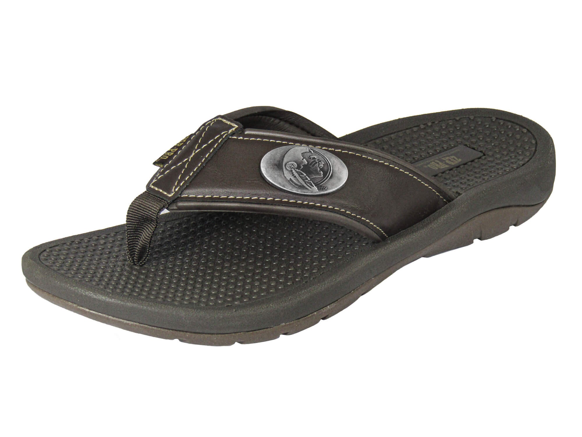 FSU Seminoles Men's Collegiate Flip Flop Sandal. Brown Straps With Metal Concho Logo. Cushioned Insole and Non-skid Outsole.