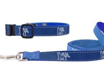 Memphis Tigers Collegiate Woven Ribbon Dog Collar. Pet Lead. Adjustable Nylon Webbing. Snap Buckle and D-ring. Swivel Bolt Snap.