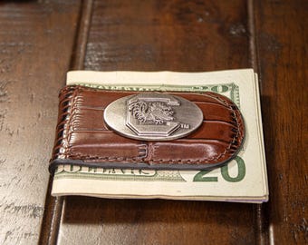 South Carolina Gamecocks Leather Magnetic Money Clip Wallet - Silver Emblem Fan Gift - 6 Colors