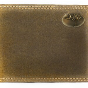 Cartera plegable de cuero SC Palmetto para hombre. Cuero de plena flor color canela vintage con logotipo de latón antiguo