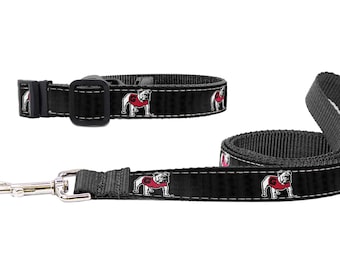 Georgia Bulldogs Collegiate Woven Ribbon Dog Collar. Pet Lead. Adjustable Nylon Webbing. Snap Buckle and D-ring. Swivel Bolt Snap.