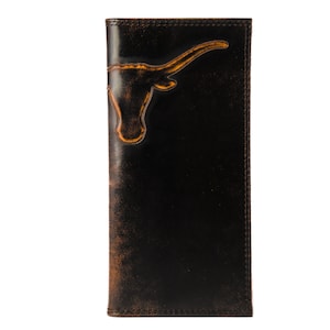 Cartera de cuero para secretario universitario de Texas Longhorns para hombre. Acabado marrón bruñido de grano completo con logotipo grande grabado en relieve
