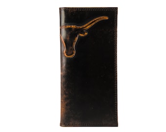 Texas Longhorns Men's Collegiate Secretary Leather Wallet. Brown Burnished Full Grain Finish With Large Debossed Logo