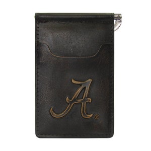 Cartera de cuero con clip de bolsillo frontal colegial para hombre Alabama Crimson Tide. Acabado de plena flor marrón bruñido con logotipo grabado