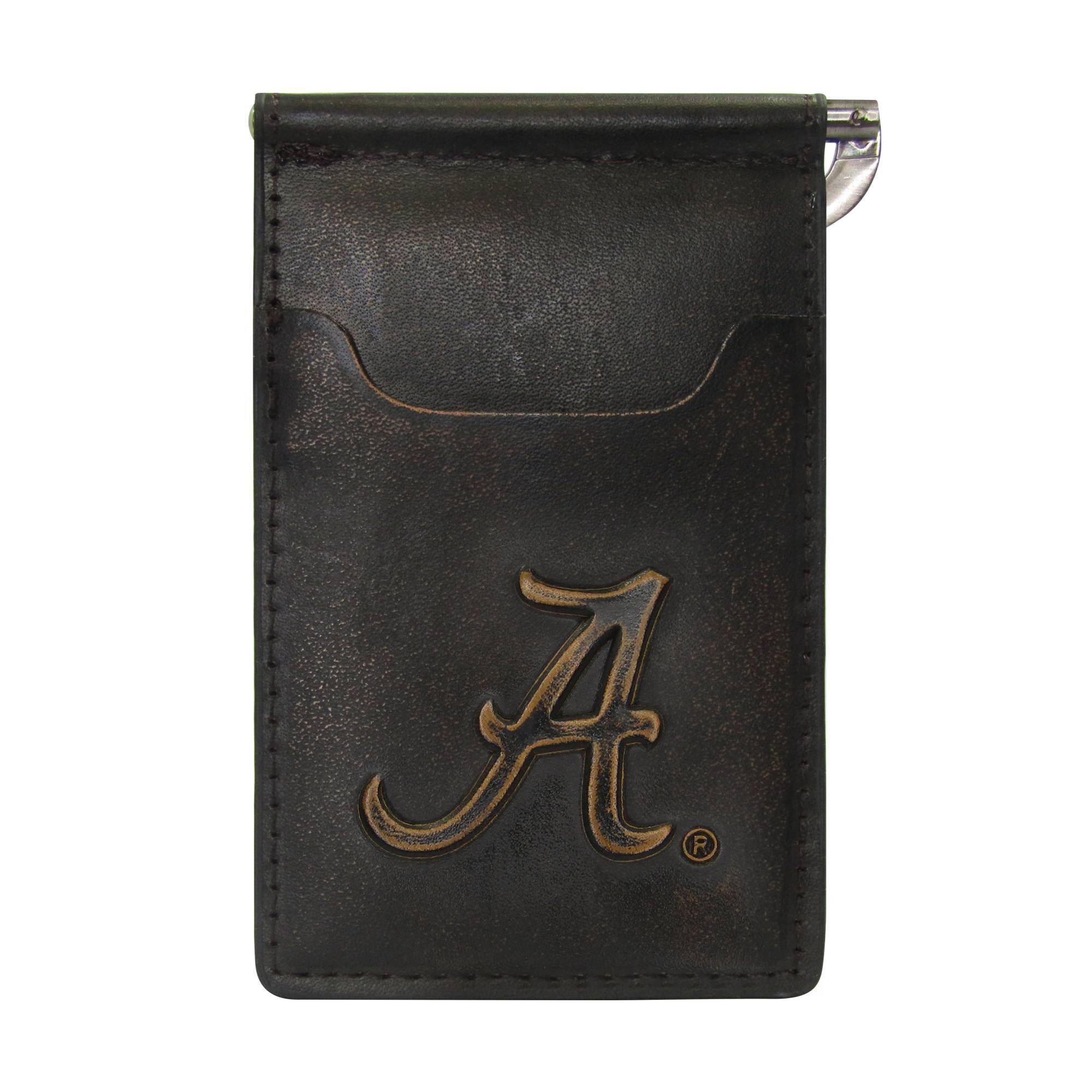 Alabama Crimson Tide Men's Collegiate Front Pocket Clip Leather Wallet. Brown Burnished Full Grain Finish With Debossed Logo