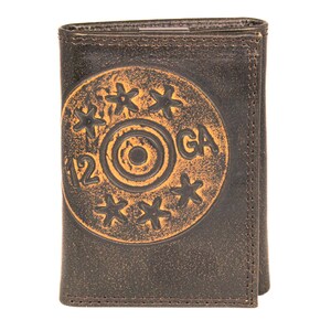 Cartera de cuero Shotshell de tres pliegues. Acabado marrón bruñido de grano completo con logotipo grande grabado en relieve