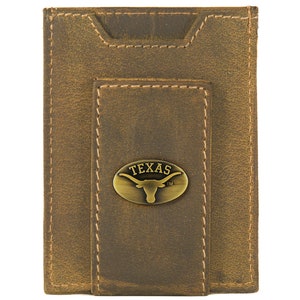 Texas Longhorns Cartera de cuero con bolsillo frontal magnético para hombre. Cuero de plena flor color canela vintage con logotipo de latón antiguo