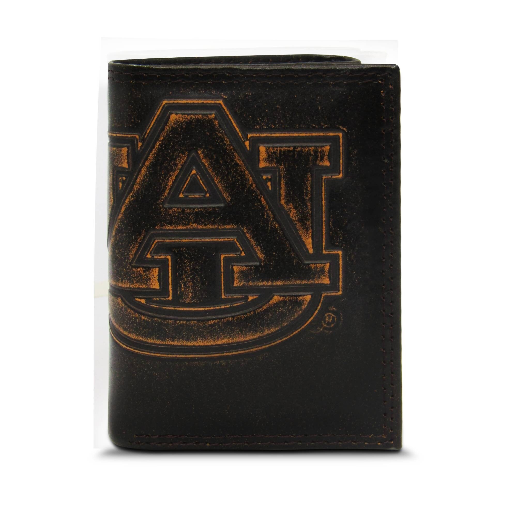 Auburn Tigers Men's Collegiate Trifold Leather Wallet. Brown Burnished Full Grain Finish With Large Debossed Logo