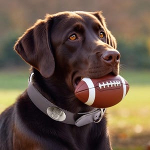 May include: A brown Labrador Retriever with amber eyes holds a brown and white football in its mouth. The dog wears a gray leather collar with a silver emblem. The background is a blurred green field.