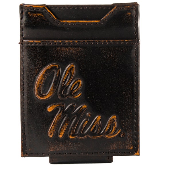 Ole Miss Rebels Men's Collegiate Magnetic Front Pocket Leather Wallet. Brown Burnished Full Grain Finish With Large Debossed Logo