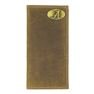 Cartera de cuero para secretaria universitaria de Alabama Crimson Tide para hombre. Cuero de grano completo color canela vintage con logotipo de latón antiguo