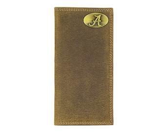 Alabama Crimson Tide Men's Collegiate Secretary Leather Wallet. Vintage Tan Full Grain Leather With Antique Brass Logo