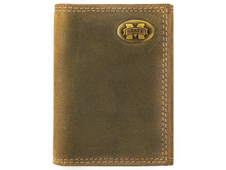 Mississippi State Bulldogs Vintage Tan Leather Trifold Wallet Front
