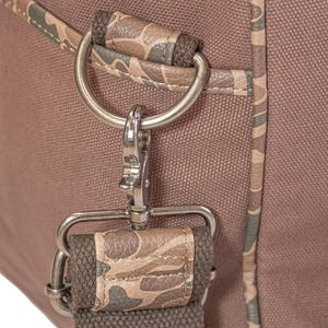 Shot Shell old school camo canvas weekender bag brown tan side clip