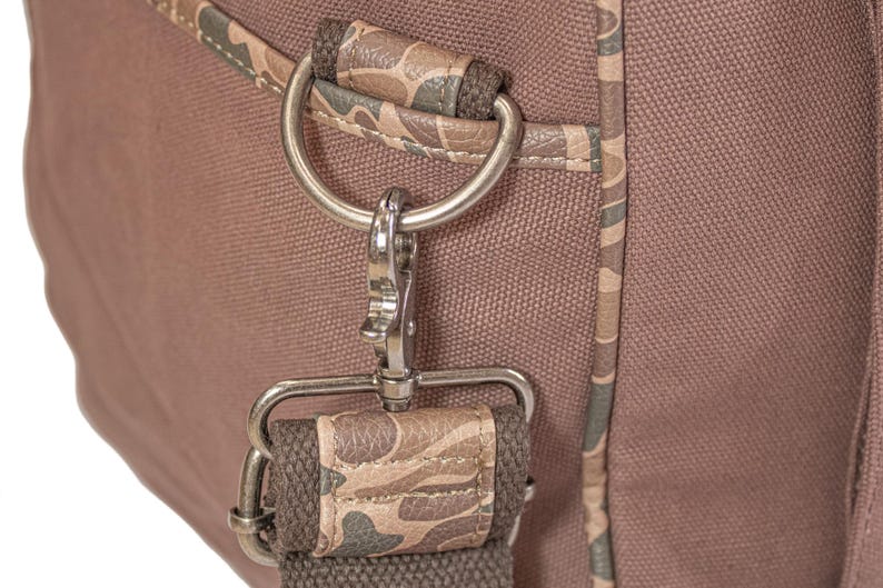 Shot Shell old school camo canvas weekender bag brown tan side clip
