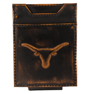 Texas Longhorns Carteira de couro masculina Collegiate com bolso frontal magnético. Acabamento de grão integral marrom polido com logotipo grande em relevo