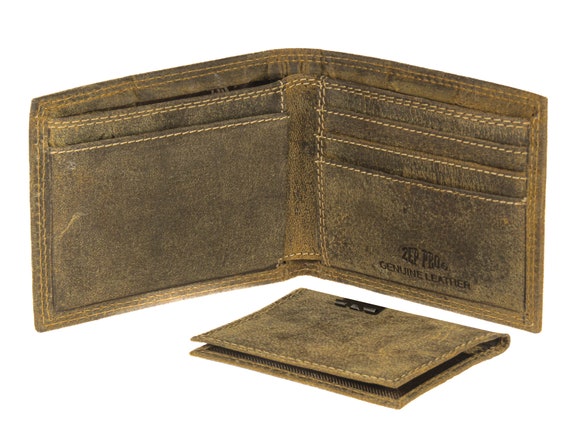 Cotton Boll Men's Bifold Leather Wallet. Vintage Tan Full Grain Leather With Antique Brass Logo