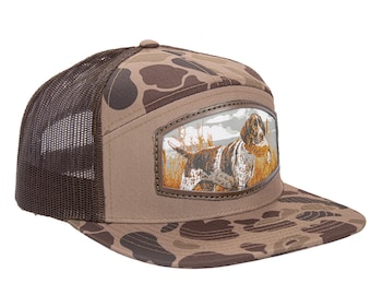 Pointer Birddog Hunting Woven Patch Old School Camo Hat. 7-Panel Richardson 168 Trucker Snapback Cap