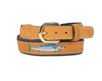 Wahoo Embroidered Nubuck Leather Belt. Tan Full Grain Leather Tabs, Solid Brass Buckle and Cotton Webbing.