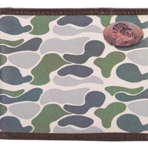Cartera de cuero con diseño de camuflaje de la vieja escuela para hombre de Turkey. Cuero de grano completo con logotipo de cobre antiguo