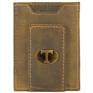 Cartera de cuero con bolsillo frontal magnético para hombre de Tennessee Vols. Cuero de grano completo color canela vintage con logotipo de latón antiguo