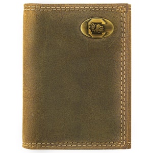 Cartera de cuero triple colegiada de USC Gamecocks para hombre. Cuero de plena flor color canela vintage con logotipo de latón antiguo