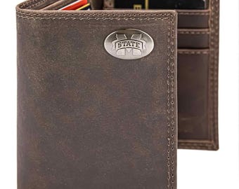 Mississippi State Bulldogs Men's Collegiate Trifold Leather Wallet. MSU Wallet. MSU Merch. MS State Gift. Silver Metal Concho Emblem